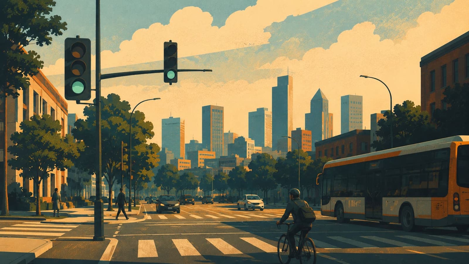 Illustration of a city intersection at golden hour: traffic signals on green, a bus, cars, a pedestrian at the crosswalk and a cyclist, with a downtown skyline behind