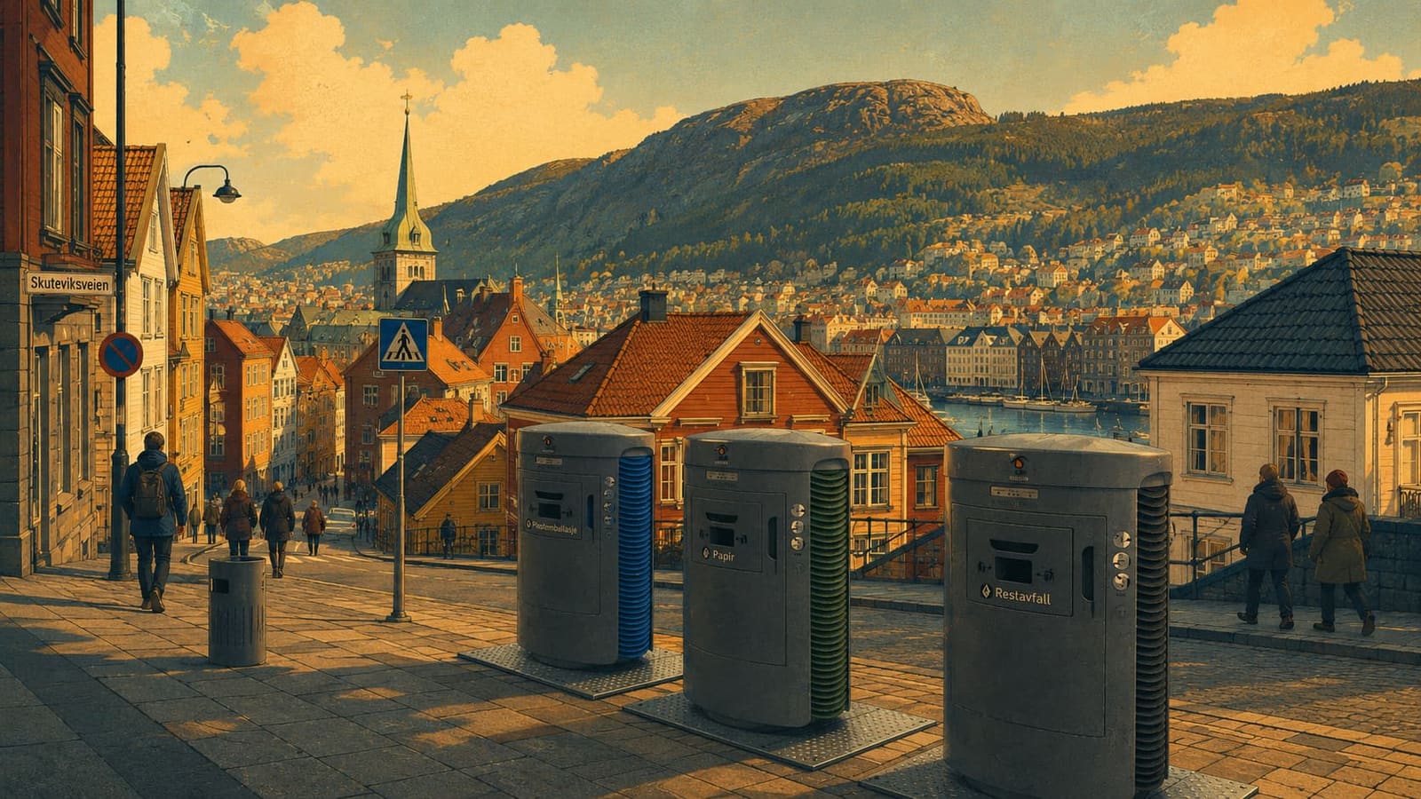 Illustration of pneumatic waste inlet terminals for plastic packaging, paper and residual waste on a street in Bergen, Norway, with the historic wooden Bryggen wharf houses and a mountain in the background