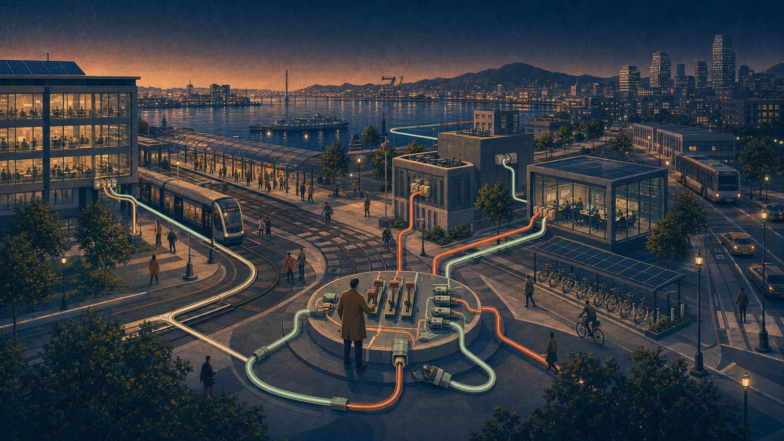Night illustration of a waterfront smart city: a lone figure stands at a large control console in a plaza, with glowing teal and orange cables running from it out to a tram, offices, a glass control room, a bike-share dock and buses — one operator at the levers of the city's systems.